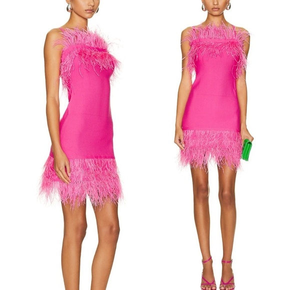 STAUD Etta Dress Feather Trim Stretch Knit Mini Bright Pink Party Festival XS - Picture 3 of 13